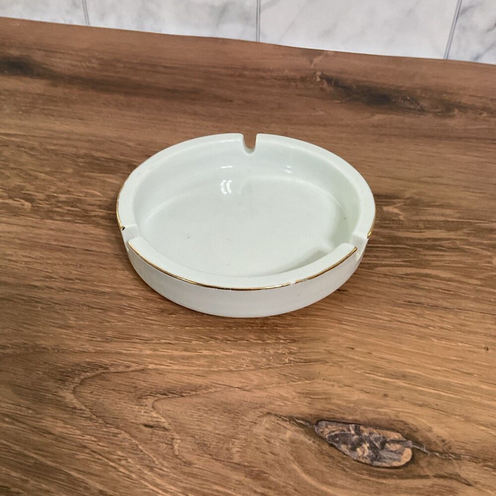 Gold Rim White Porcelain by Ultima Ash Tray 4.5” x 1”
